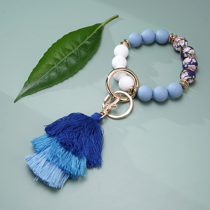 Wholesale Colorful Silicone Beads Three Layers Tassel Beaded Wrist Keychain